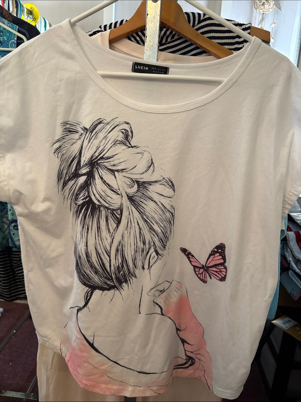SHEIN White Short-Sleeve Tee with Black Sketch and Pink Butterfly